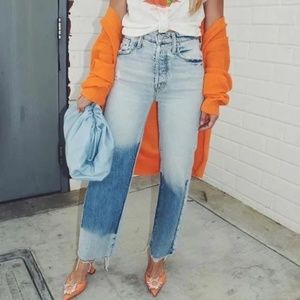 Mother Denim "Rambler Ankle Fray" Jeans Sz 28  High-Waist, Raw Hem, Two-Tone